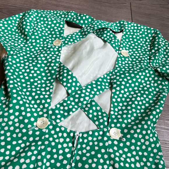 Vintage 80s Abstract Polka Dot Button Cross Back Square Neck Midi Dress Size 8 - Picture 5 of 7